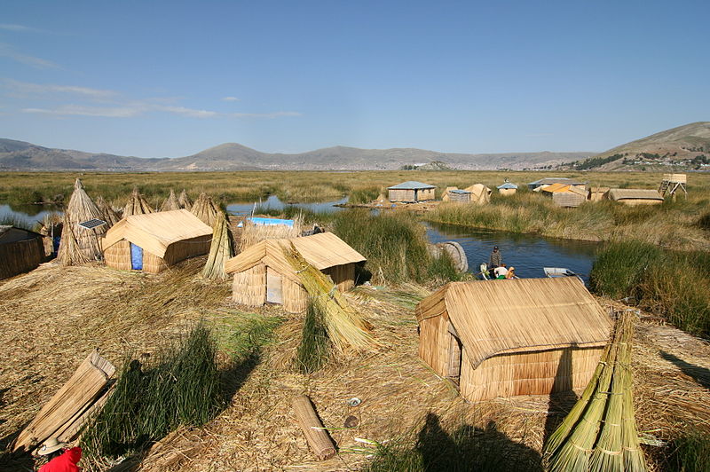 A Wikipedia picture of the floating islands of Lake Titicaca